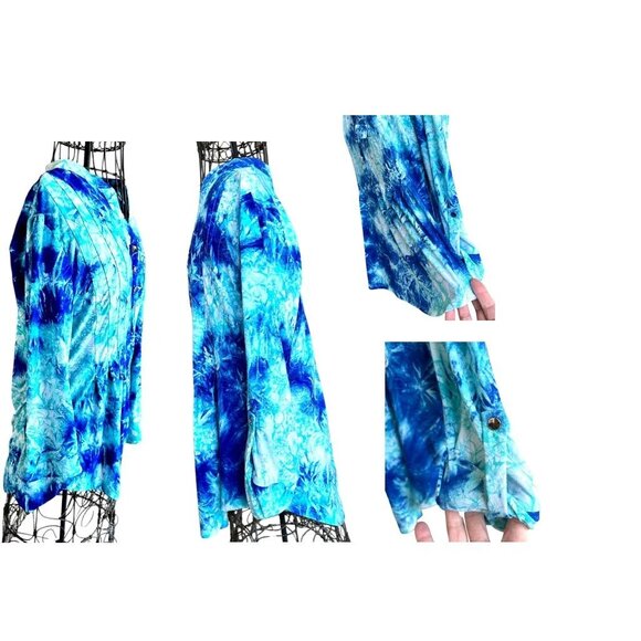 New Directions Tunic Top PM Petite Medium Blue Tie Dye Roll Tab Sleeves … - Picture 9 of 12